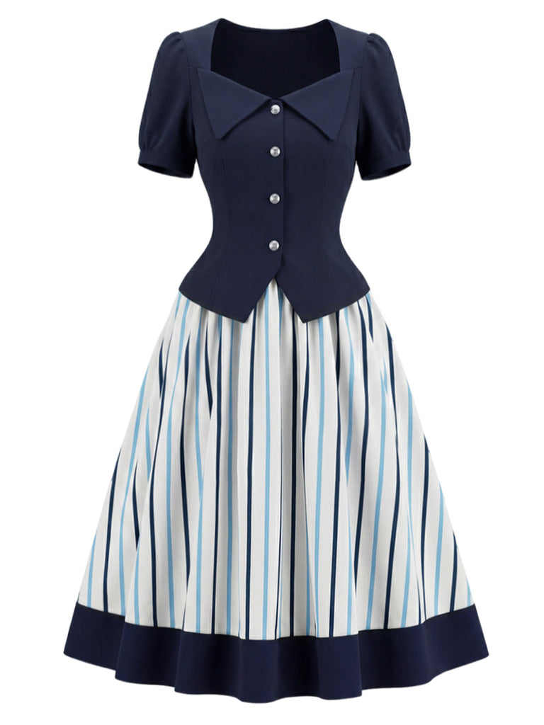 [Prevendita] 2PCS Gonna Deep Blue Anni '50 Fitted con Revers Blouse e Vertical a Righe 2