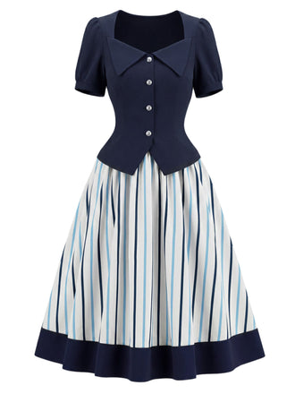 [Prevendita] 2PCS Gonna Deep Blue Anni '50 Fitted con Revers Blouse e Vertical a Righe 2
