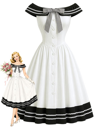 [Prevendita] Abito Nero e Bianco Anni '50 Spalle Scoperte a Righe con Fiocco