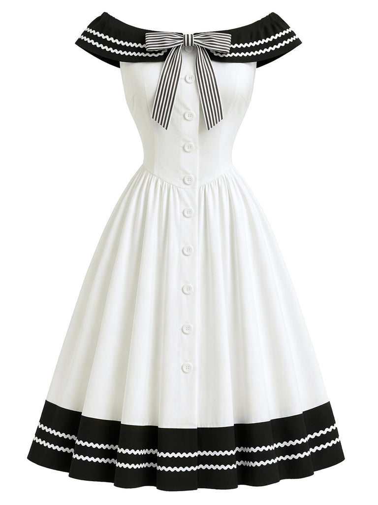 [Prevendita] Abito Nero e Bianco Anni '50 Spalle Scoperte a Righe con Fiocco 2