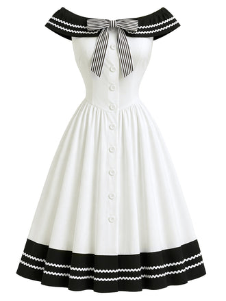 [Prevendita] Abito Nero e Bianco Anni '50 Spalle Scoperte a Righe con Fiocco 2