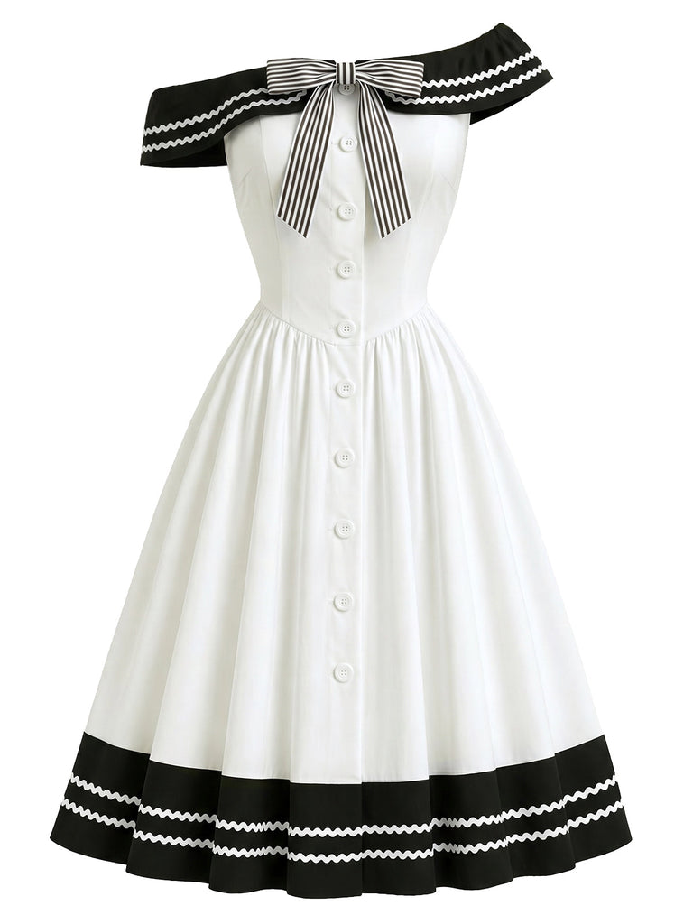 [Prevendita] Abito Nero e Bianco Anni '50 Spalle Scoperte a Righe con Fiocco 3