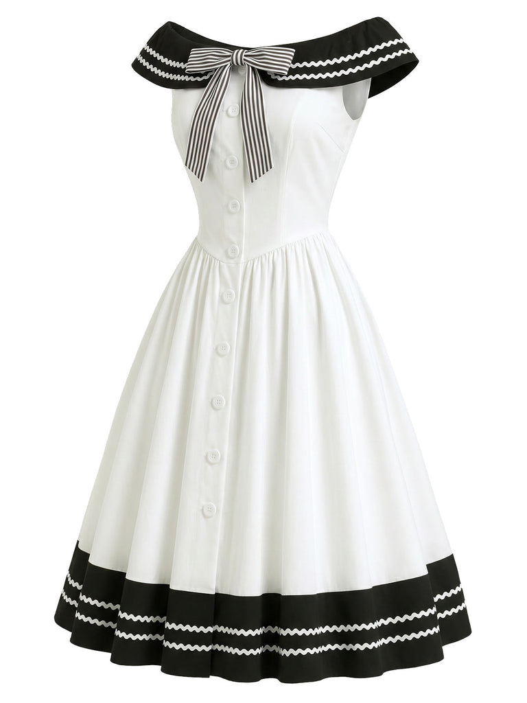 [Prevendita] Abito Nero e Bianco Anni '50 Spalle Scoperte a Righe con Fiocco 4