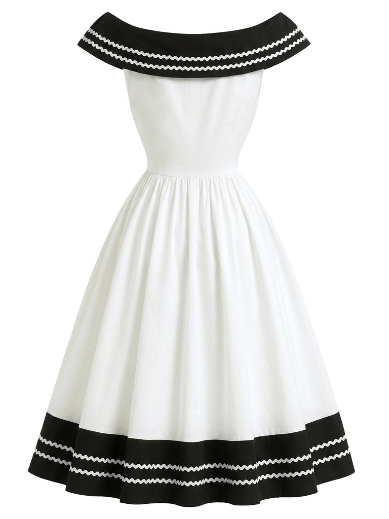 [Prevendita] Abito Nero e Bianco Anni '50 Spalle Scoperte a Righe con Fiocco 5