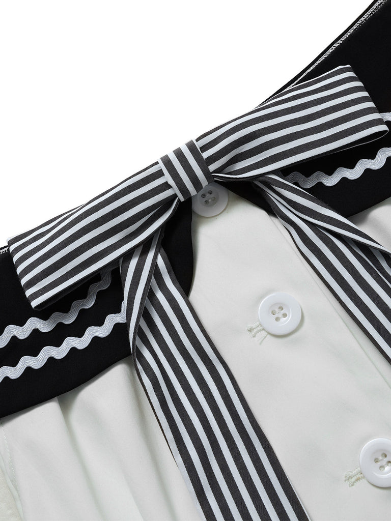[Prevendita] Abito Nero e Bianco Anni '50 Spalle Scoperte a Righe con Fiocco 7