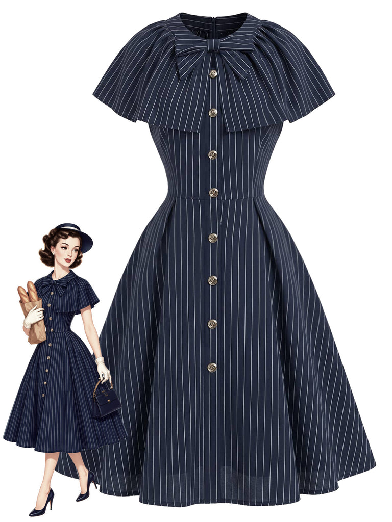[Prevendita] Abito Deep Blu Anni '50 Gessato con Fiocco Scollo Capelet