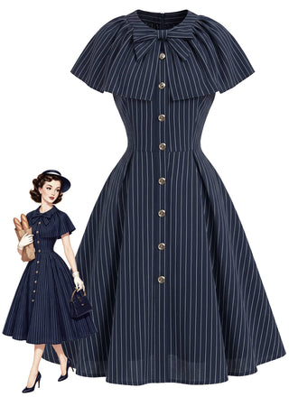 [Prevendita] Abito Deep Blu Anni '50 Gessato con Fiocco Scollo Capelet