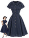 [Prevendita] Abito Deep Blu Anni '50 Gessato con Fiocco Scollo Capelet