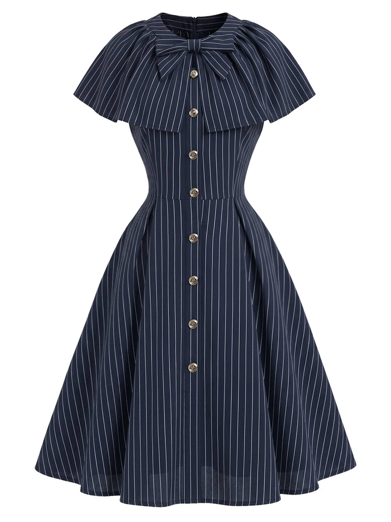 [Prevendita] Abito Deep Blu Anni '50 Gessato con Fiocco Scollo Capelet 2