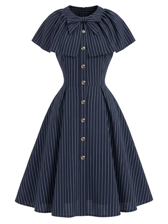 [Prevendita] Abito Deep Blu Anni '50 Gessato con Fiocco Scollo Capelet 2