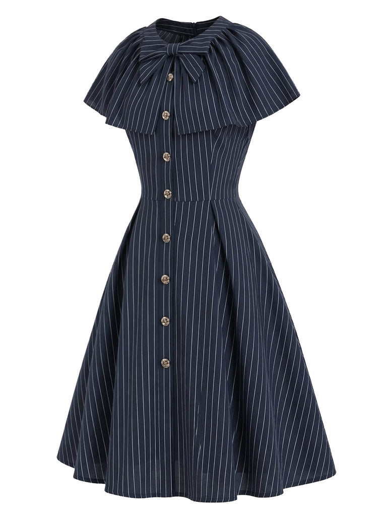 [Prevendita] Abito Deep Blu Anni '50 Gessato con Fiocco Scollo Capelet 3