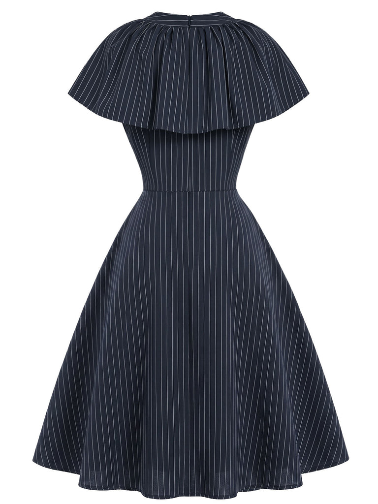[Prevendita] Abito Deep Blu Anni '50 Gessato con Fiocco Scollo Capelet 4