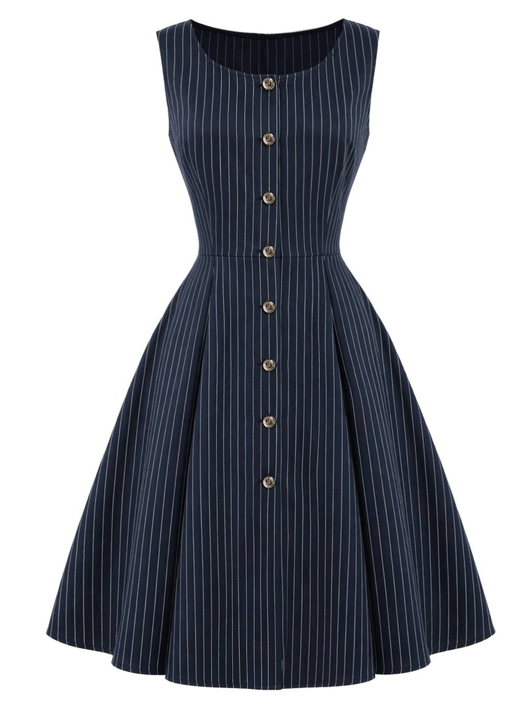 [Prevendita] Abito Deep Blu Anni '50 Gessato con Fiocco Scollo Capelet 5