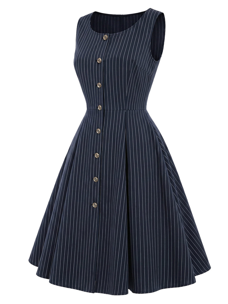 [Prevendita] Abito Deep Blu Anni '50 Gessato con Fiocco Scollo Capelet 6