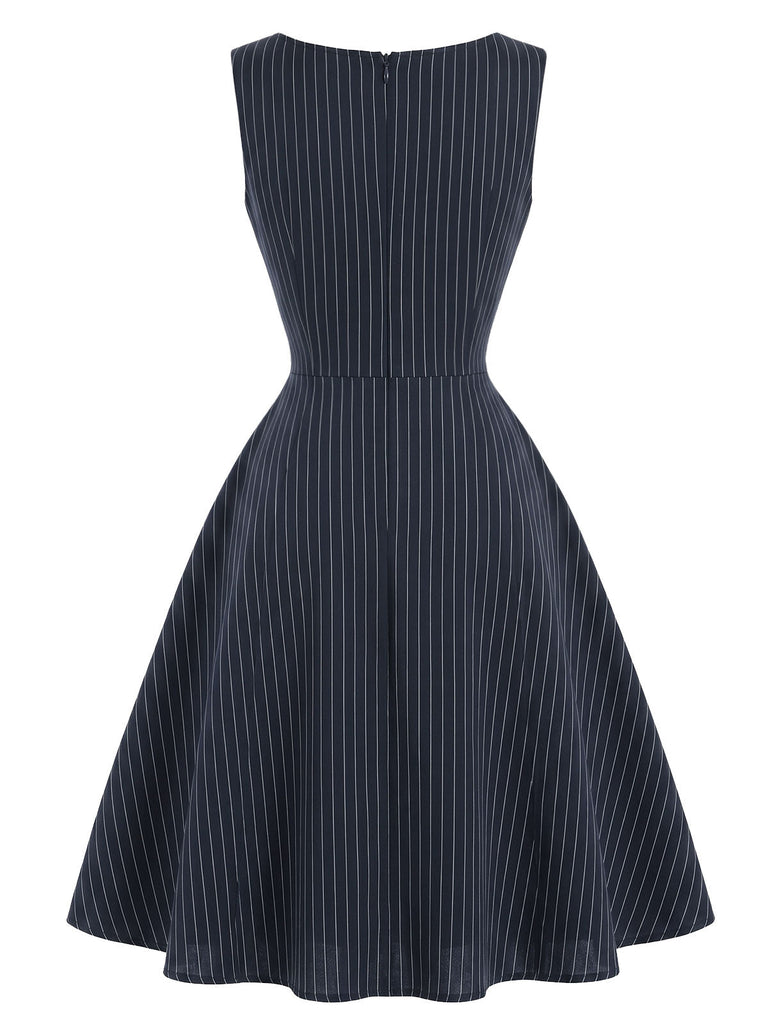 [Prevendita] Abito Deep Blu Anni '50 Gessato con Fiocco Scollo Capelet 7
