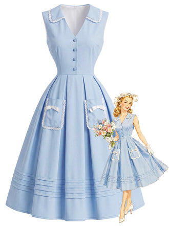 [Prevendita] Abito Blu con Colletto Senza Maniche Fiocco e Tasca Anni '50