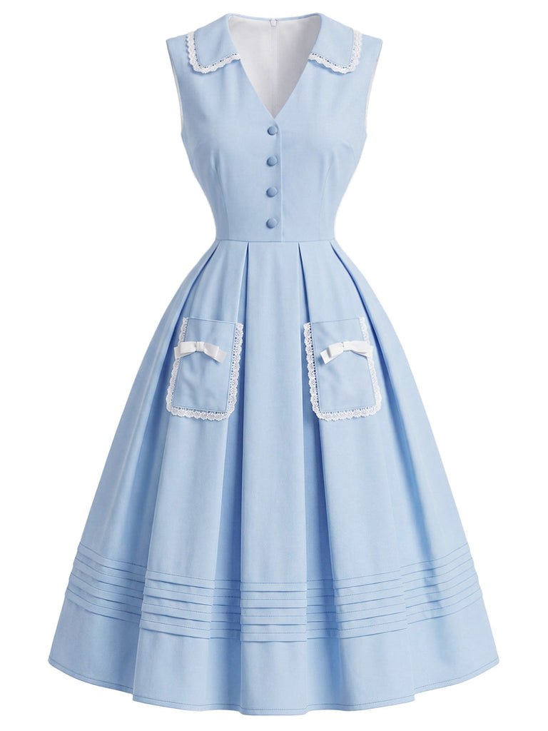 [Prevendita] Abito Blu con Colletto Senza Maniche Fiocco e Tasca Anni '50 2