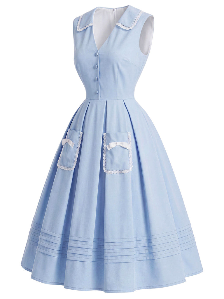 [Prevendita] Abito Blu con Colletto Senza Maniche Fiocco e Tasca Anni '50 3