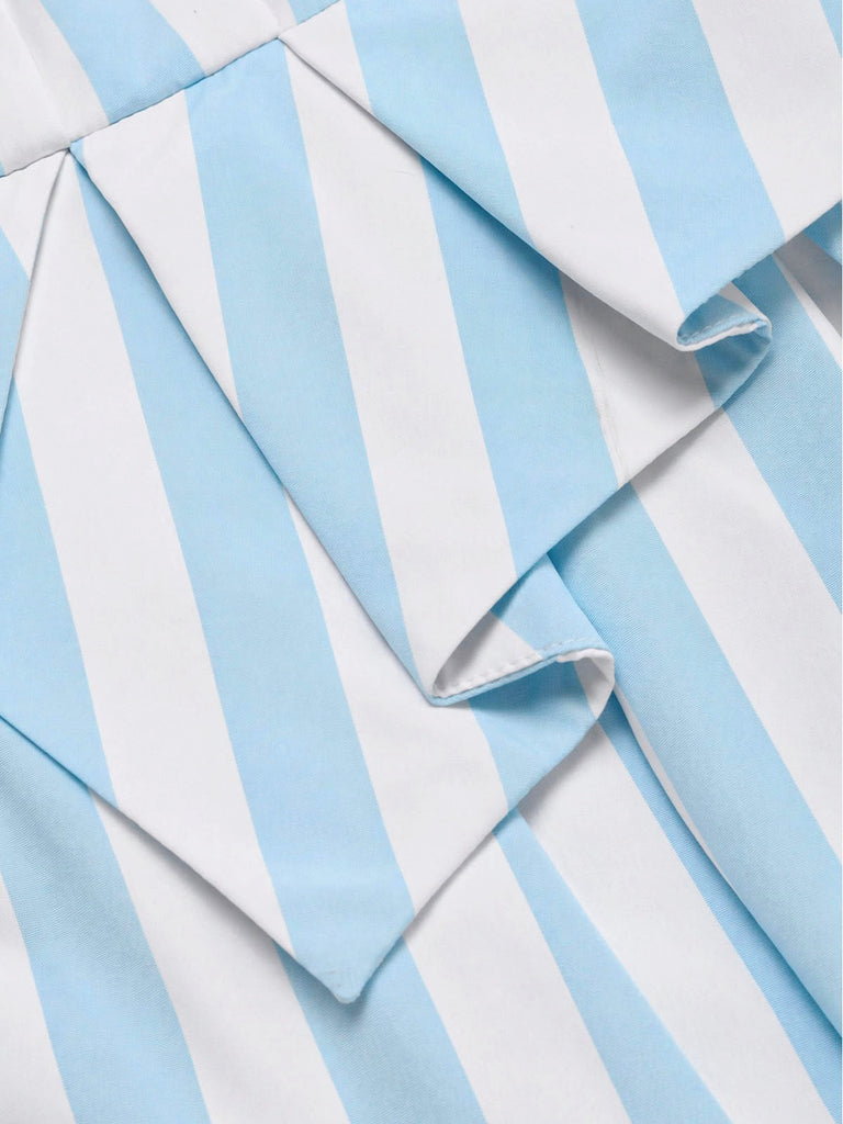[Prevendita] Abito Azzurro Chiaro Anni '50 a Righe Collo a Scialle Finto Due Pezzi 7