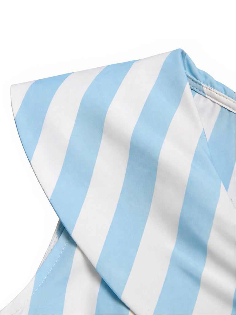 [Prevendita] Abito Azzurro Chiaro Anni '50 a Righe con Collo a Scialle Finto Due Pezzi