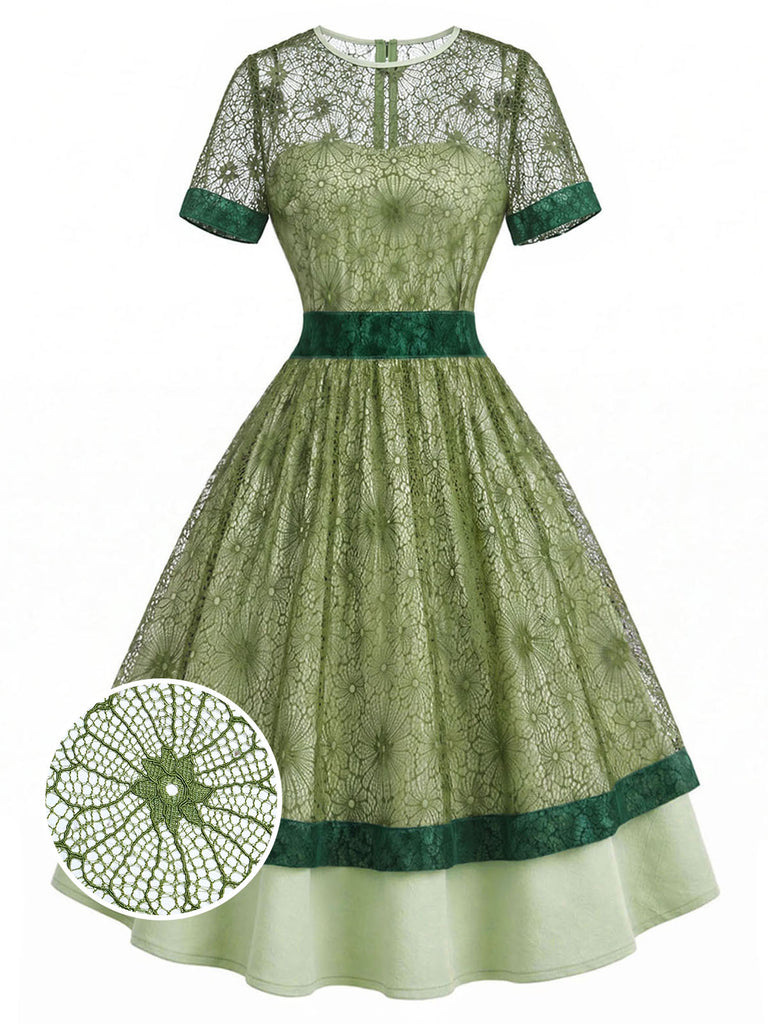 [Prevendita] Abito Grigio Verde con Pizzo Patchwork Floreale Anni '40