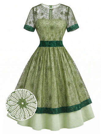 [Prevendita] Abito Grigio Verde con Pizzo Patchwork Floreale Anni '40