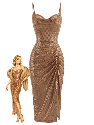 [Prevendita] Abito Aderente Oro Anni '30 Paillettes Cowl Neck Arricciato