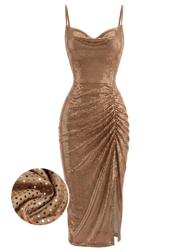 [Prevendita] Abito Aderente Oro Anni '30 Paillettes Cowl Neck Arricciato 2