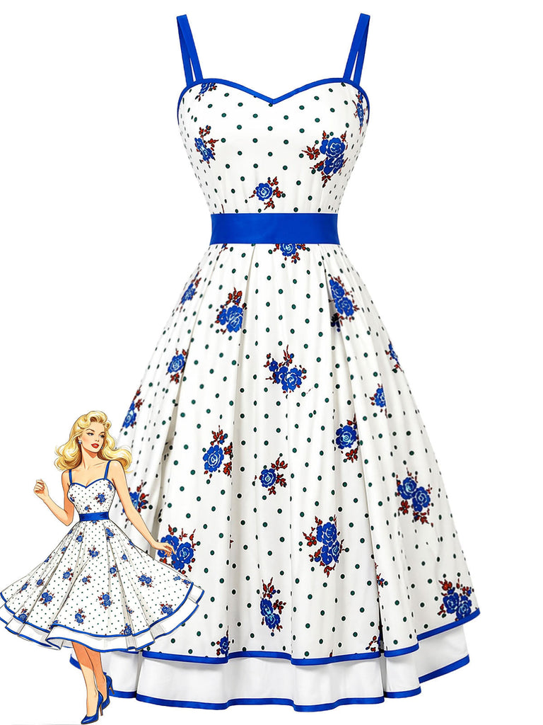 [Prevendita] Abito Svasato Bianco Floreale Blu a Pois a Balze Anni '50