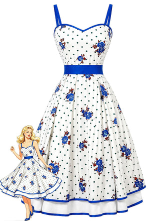 [Prevendita] Abito Svasato Bianco Floreale Blu a Pois a Balze Anni '50