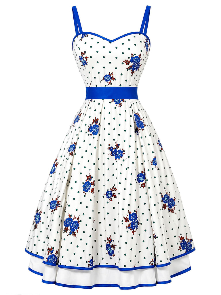 [Prevendita] Abito Svasato Bianco Floreale Blu a Pois a Balze Anni '50 2