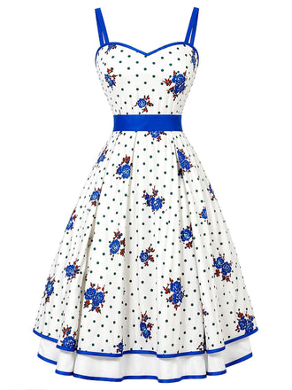 [Prevendita] Abito Svasato Bianco Floreale Blu a Pois a Balze Anni '50 2