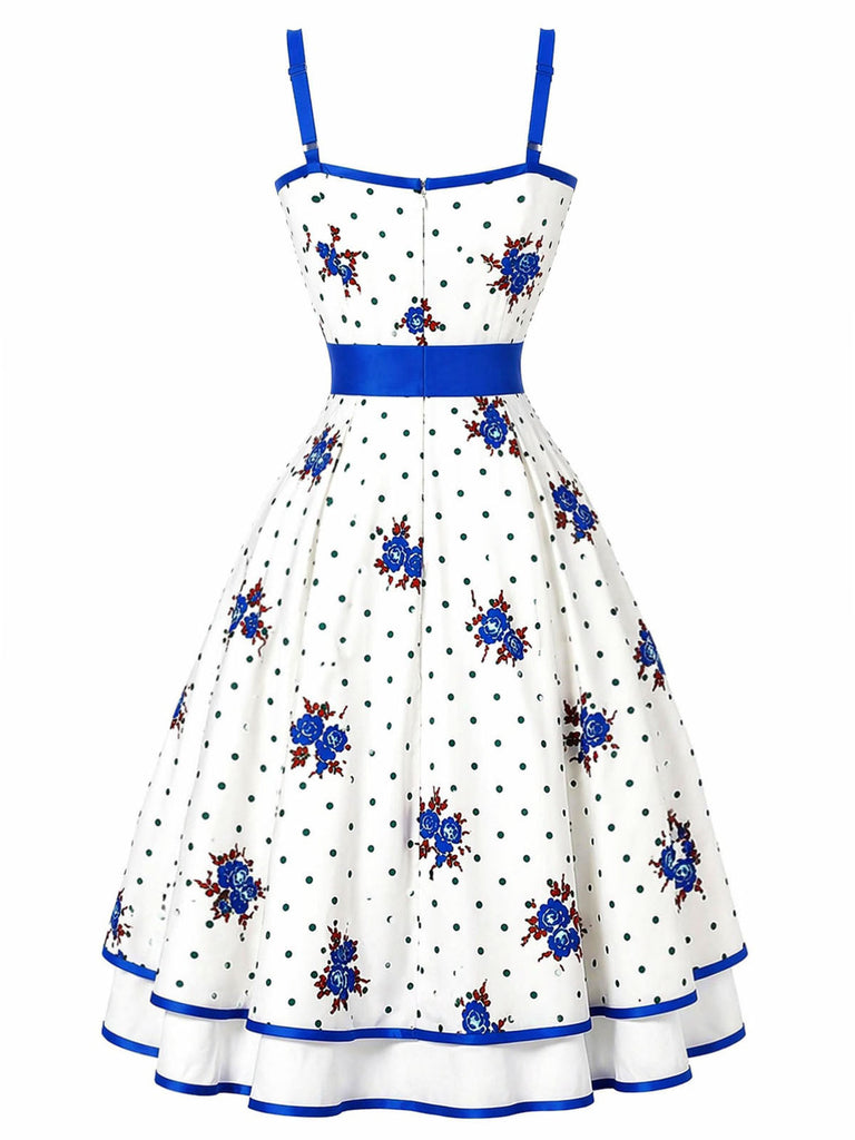 [Prevendita] Abito Svasato Bianco Floreale Blu a Pois a Balze Anni '50 3