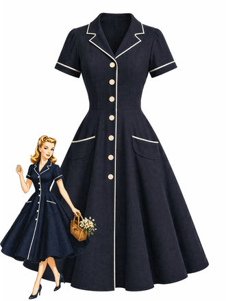 [Prevendita] Abito Blu Profondo con Bavero a Tacca e Bordatura Anni '50