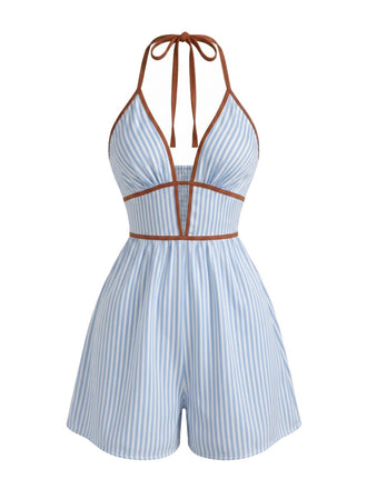 Pagliaccetto Halter Schiena Scoperta a Righe Verticali con Bordo a Contrasto Blu Anni '50
