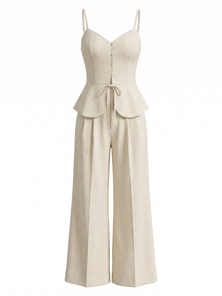 2PCS Pantaloni Beige Anni '50 in Cotone Spalline Sottili Top e Palazzo