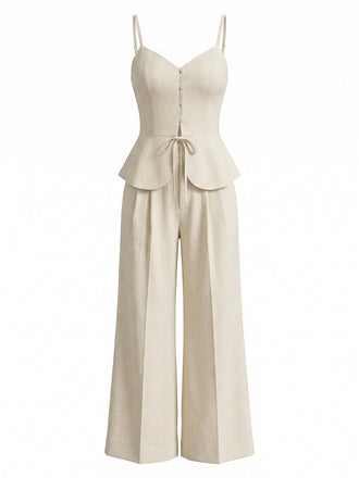 2PCS Pantaloni Beige Anni '50 in Cotone Spalline Sottili Top e Palazzo