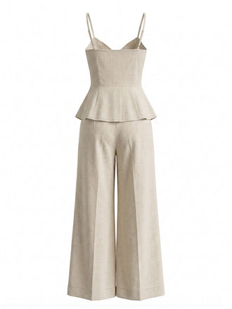 2PCS Pantaloni Beige Anni '50 in Cotone Spalline Sottili Top e Palazzo 2