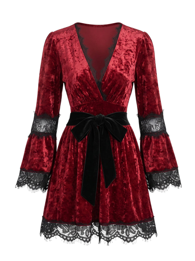 Abito Rosso Gotico Scollo a V Profondo con Pizzo Anni '70 2