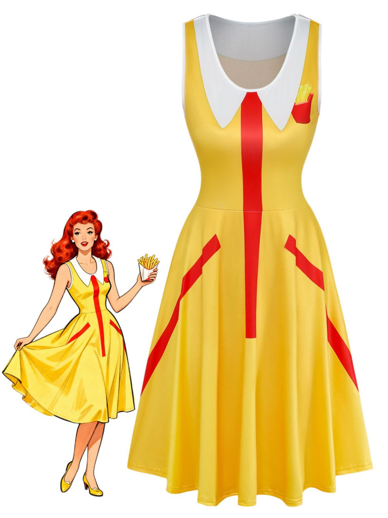 Abito Giallo Anni '70 French Fries con Tasca Clown Cosplay