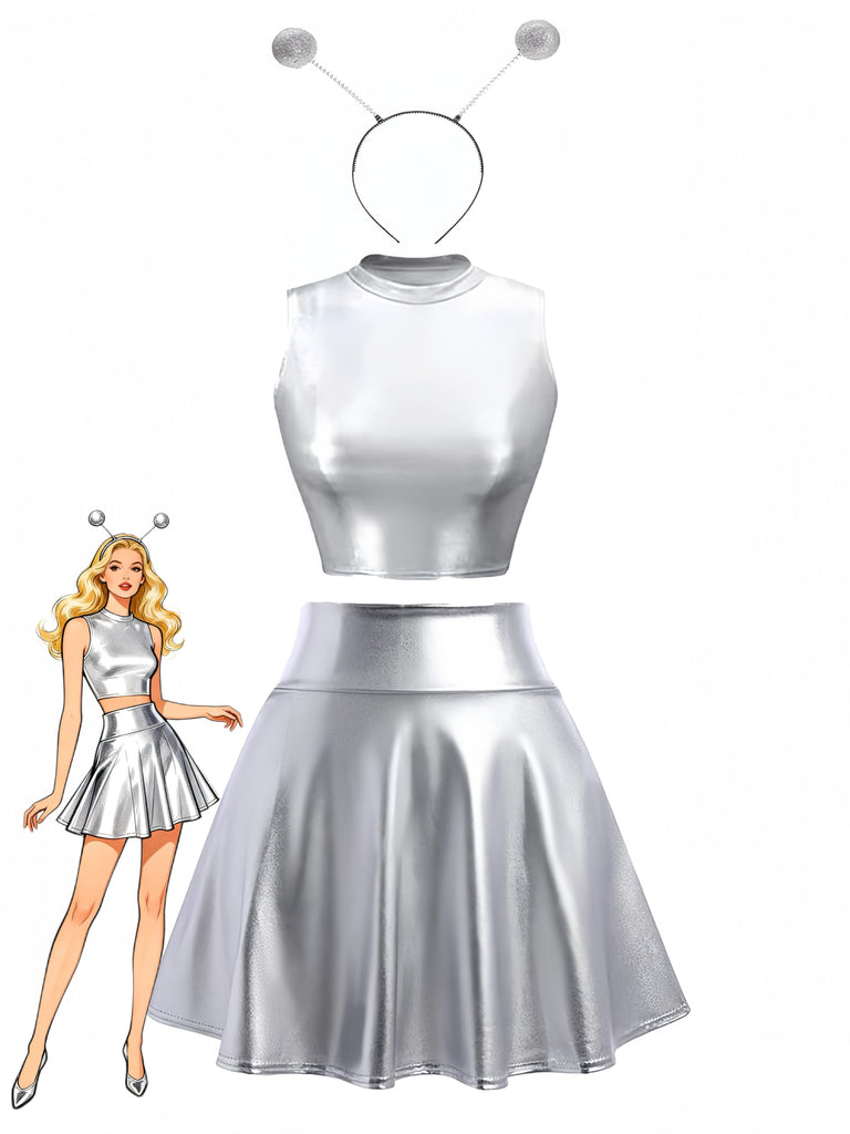 2PCS Gonna Argento Anni '70 Metallizzato Crop Top e con Antenna Headband