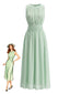 Abito Midi Verde Anni '40 in Chiffon senza Maniche Girocollo