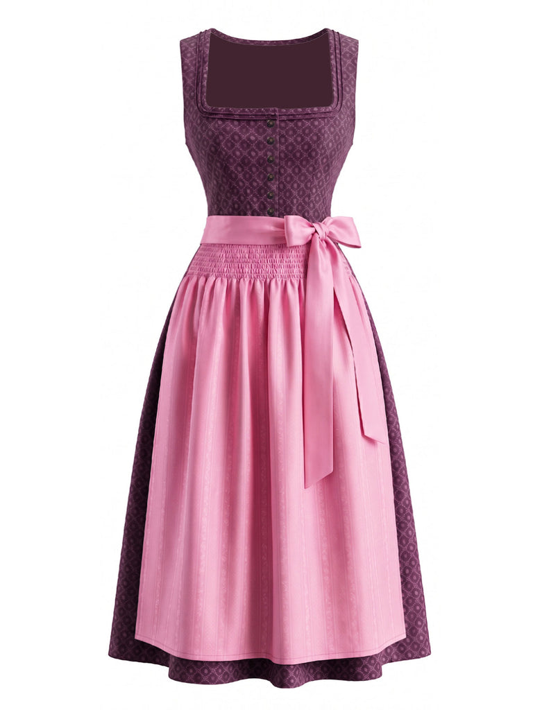 2PCS Abito Rosa con Scollo Quadrato Floreale e Grembiule Anni '50 2
