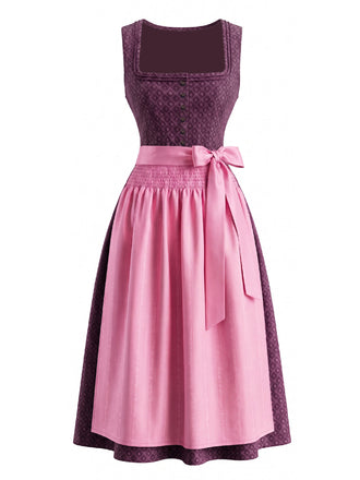 2PCS Abito Rosa con Scollo Quadrato Floreale e Grembiule Anni '50 2