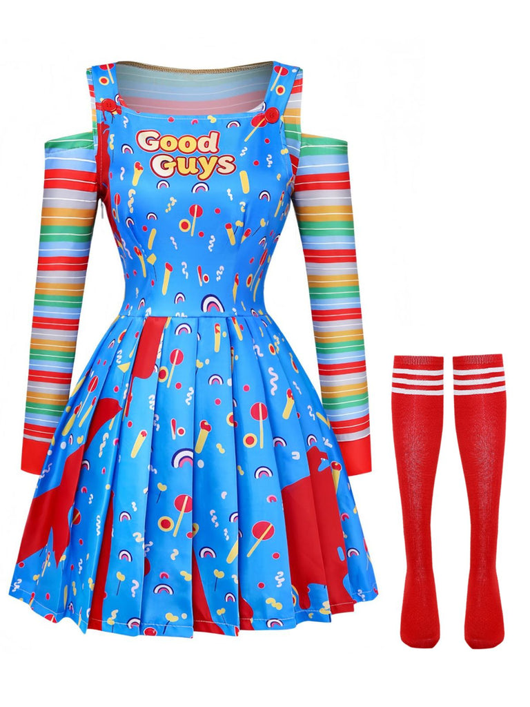 3PCS Abito Blu Anni '60 Halloween a Righe Top e Overall
