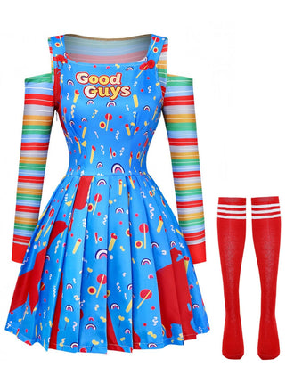 3PCS Abito Blu Anni '60 Halloween a Righe Top e Overall