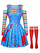 3PCS Abito Blu Anni '60 Halloween a Righe Top e Overall