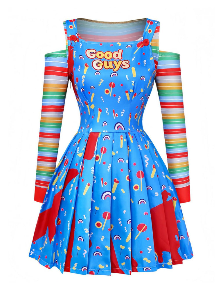 3PCS Abito Blu Anni '60 Halloween a Righe Top e Overall 2