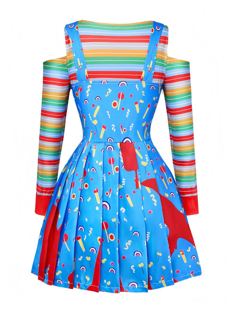 3PCS Abito Blu Anni '60 Halloween a Righe Top e Overall 3