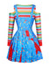 3PCS Abito Blu Anni '60 Halloween a Righe Top e Overall 3